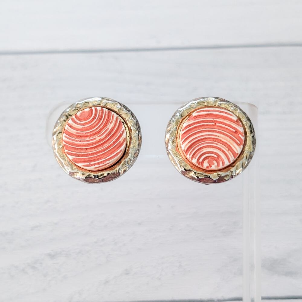 Vintage Clip On Earrings Orange & Cream Circle